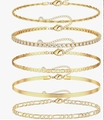 5-piece gold layered bracelet set featuring tennis, snake, figaro, and cable chain styles - Gold Set - Tennis/Snake/Figaro/Flat/Twist