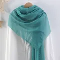 Minimalist solid color cotton linen wrinkled scarf in elegant lake green finish - Lake Blue