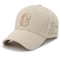 Beige cotton baseball cap with embroidered letter C and side quote on plain background - Adjustable / Light Beige