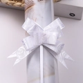 White satin ribbon pull bow with gold rose pattern for elegant gift wrapping - White Rose