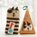 Thick coral fleece dog-themed socks with 3D ears in a brown triangular gift box - Adult (No Gift Box) / Coffee Striped Dog