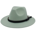 Close-up of light green wool fedora hat featuring a black leather band and metal buckle - Mint Green