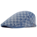Blauwe denim baret met schaakbordpatroon en verstelbare metalen gesp voor dames - Middelblauw