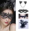 Gothic Halloween set with black lace eye mask, crown, cat ear headband and bell collar - 015 Black Set (Include Headband/Mask/Mesh Gloves/Choker)