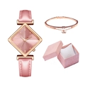 Montre femme bracelet en cuir rose avec boîtier carré or rose et bracelet étoile assorti - Montre rose, bracelet et coffret cadeau