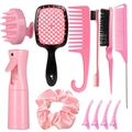 Set per capelli rosa con spazzola massaggiante, pettini districanti, spray e mollette - Set da 11 Pezzi Rosa (Pettine a Griglia)