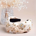 Beige knotted headband with pearls, rhinestones and heart charms for women - 10# Beige (Daisy Heart Pendant)