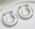 Silver stainless steel geometric hoop earrings with textured radial engraving pattern - Silver Style K7-107