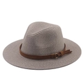 Neutral light grey raffia straw fedora hat with brown leather band and metal buckle detail - Adjustable / Light Heather Grey