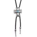 Western cowboy bolo tie with vintage silver cross and square turquoise stone on black cord - Silver Cross + Black Leather Rope Necklace