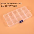 Detailed view of 15-grid clear plastic storage box with blue buckles and 17.3cm dimensions - Adjustable Small 15-Compartment (17.4x10x2.3cm)