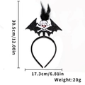 Halloween headband with sequined black bat wings, white skull, and feather details - Skull Bat Feather