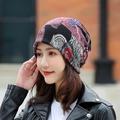 Ethnic paisley print knit slouchy beanie for women in red and black pattern - Standard / Color Block-Rust Red
