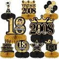 18th Birthday rose gold honeycomb table centerpieces with glitter 18 and crown design - Black Gold 18th Theme