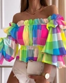 Bunte karierte schulterfreie Bluse mit Volant-Ärmeln und elastischem Taillenbund - S / Karo