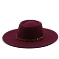Macro detail of wine red wool felt fedora featuring a brown leather strap and metal buckle - M (56-58cm) / Burgundy