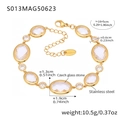 Detail view of 18k gold plated anklet with dimensions and Czech glass stones on white background - Oval-Gold White Glass (S013)