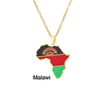 Golden Malawi map necklace with black red green enamel flag colors and sun logo - Malawi