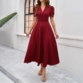 Elegante vestido largo rojo con cuello en V, mangas abullonadas y cintura entallada - S / Rojo