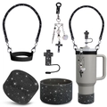 Close-up of black glitter silicone handle, cross straw cover and charm for tumblers - Black Glitter Cross Set