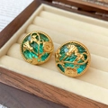 Vintage gold stud earrings with green crystal and floral relief on a jewelry box - 925 Silver Earring Post / Teal Flower