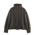 Dunkelolivgrüne Kurzjacke aus Wollmischung mit Stehkragen und Gürtel am Saum - XS / Tiefes Olivgrün