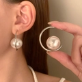 Chic oversized pearl C-shape stud earrings in a cool silver-tone open hoop design - C-Shape Large Artificial Pearl Style (10735) / Silver