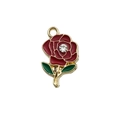 Red flower pendant with green leaves and rhinestone in gold enamel alloy finish - Rhinestone Rose Style (16690)