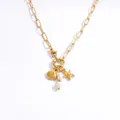 Golden stainless steel paperclip necklace with shell, starfish and pearl charms - XL31299