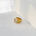 Detailed view of wide 18K gold plated ring featuring a large square-cut zircon stone - Gold Emerald Cut Zirconia