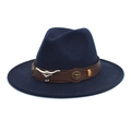 Close-up of longhorn bull metal buckle on a navy blue wool felt fedora hat strap - M (56-58cm) / Navy Blue