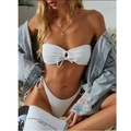 Witte bandeau bikini met wafeltextuur, strikdetail aan de voorkant en veters - S / Wit