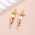 Detailed close-up of a golden gothic dagger earring with vibrant red enamel on the blade - KC Gold Red Blood Dagger Style (A-1066)
