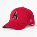 Detailed view of red cotton twill baseball cap with black embroidered letter A and white edges - Red