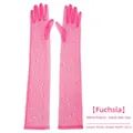 Rose red long sheer tulle gloves with white pearl beads for weddings and parties - Rose Red (Full Finger With Pearls)