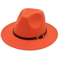 Detailed view of the bright orange wool jazz hat featuring a black belt and gold buckle - M (56-58cm) / Orange Yellow (Black Leather Band)