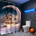 Detail of 3D Christmas shower curtain featuring a snowy cottage under a purple crescent moon - Winter Snow House / 90*180cm