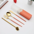 Portable stainless steel cutlery set with orange-pink handles and golden metal finish - Type C Orange+Gold