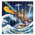 Funny cat riding dinosaur shower curtain with UFO and wave print for bathroom decor - Fantasy Mashup M2330