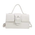Minimalist white faux leather shoulder bag with decorative square buckle in a matte finish - White