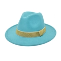 Detail view of teal wool fedora hat featuring a sparkling gold glitter ribbon band - Lake Blue