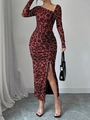 Slim fit red leopard print long sleeve dress with one-shoulder neck and high side slit - S / Red Leopard