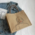 Linen tote bag with black line art face and brown round handles in beige finish - Woman Line Art Sketch