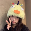Funny plush knitted hat in pale yellow featuring cute cartoon eyes and spiral antennas - M (56-58cm) / Lemon Yellow