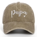 Close-up of white Papa heart embroidery on vintage washed cotton sun protection baseball cap - Khaki