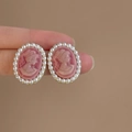 Vintage pink cameo earrings with white pearl border and elegant gold setting for women - 3# Silver Pin - Pink Pearl Portrait (Eco-Friendly)