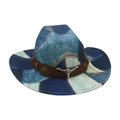 Western cowboy fedora in blue denim patchwork style with metal bull buckle and brown leather band - One Size / Brown Leather Band With Metal Bull Head / Royal Blue