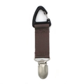 Macro detail of brown nylon clip strap with metal buckle and black plastic carabiner - Coffee