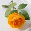 Single realistic yellow artificial rose with velvet texture and green stem leaves - 7cm / Yellow (Velvet)