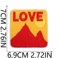Detailed embroidery patch with LOVE lettering and red mountain design showing 7cm dimensions - No. 10 (Mountains and Sun Love)